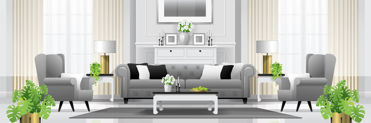 Luxury living room interior background with furniture in classic style , vector , illustration