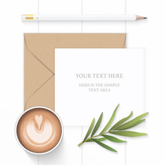 Flat lay top view elegant white composition paper brown kraft envelope pencil coffee and tarragon leaf on wooden background