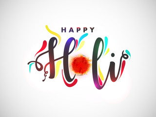Stylish text Happy Holi with bowl full of dry colours on white background can be used as greeting card design.