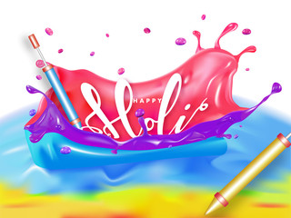 Happy Holi celebration background with realistic color guns illustration for Indian festival celebration.