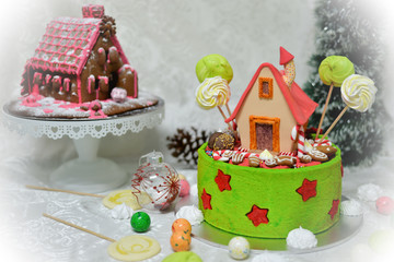 The sweet house of the fairy tale Hansel and Gretel cake by Grimm brothers in the fairy tale forest 