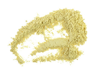 Dry ginger powder isolated on white background, top view.