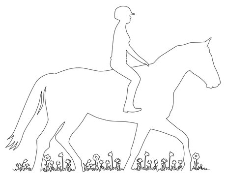 Illustration von einer Reiterin, die mit ihrem Pferd auf einer Wiese reitet