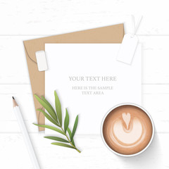 Flat lay top view elegant white composition letter kraft paper envelope pencil tag eraser tarragon leaf and coffee on wooden background