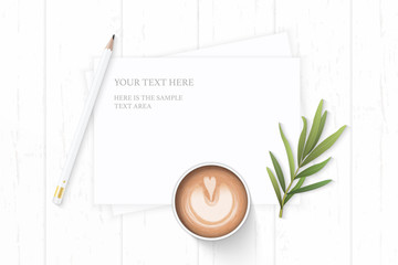 Flat lay top view elegant white composition paper nature leaf coffee tarragon leaf and pencil on wooden background