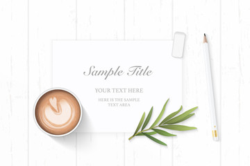 Fototapeta na wymiar Flat lay top view elegant white Christmas composition paper pencil eraser tarragon leaf and coffee on wooden background