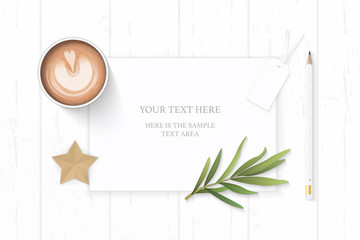 Flat lay top view elegant white composition paper pencil star craft tarragon leaf tag and coffee on wooden background