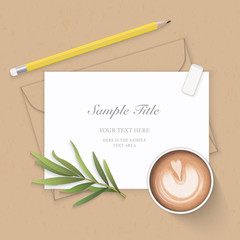 Flat lay top view elegant white composition paper kraft envelope coffee yellow pencil eraser and tarragon leaf on wooden background