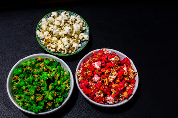 colorful popcorn in  bowls