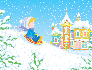 Small child sledding down a snow hill on a playground in a winter park of a town, vector illustration in a cartoon style