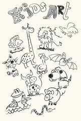 Kids art. Children's drawings of doodle animals. Vector illustration.