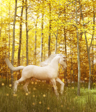 White unicorn in magical forest,3d fantasy illustration.