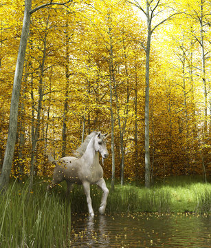 White unicorn in magical forest,3d fantasy illustration.
