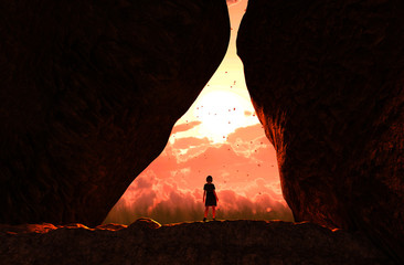 Girl walking to the light and exit the cave,3d illustration