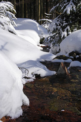 Snowy mountain stream in the Taunus, Hesse. Germany