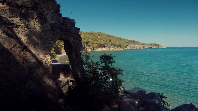 Ruins Of The Ancient City Phaselis.Ruins turkish ancient city by the sea.Old ruins turkish ancient city.Narrow Exit To The Staircase On The Fortress Wall City . Walk in ancient licya turkish city.