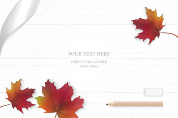 Flat lay top view elegant white composition silver ribbon autumn red maple leaf and pencil eraser on wooden floor background