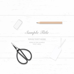 Flat lay top view elegant white composition paper pencil eraser tag and vintage metal scissors on wooden background