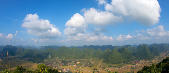 Naklejka premium Amazing rice fields in valley with karst mountains and limestone peaks in Bac Son, Vietnam