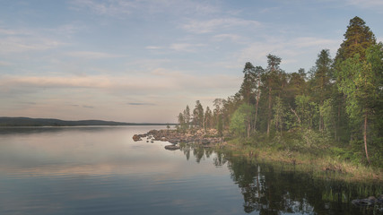 Beautiful lake at Lapland.Midnight sun.