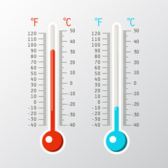 Vector Thermometer Icons with Cold and Hot Levels on Celsius and Fahrenheit Scale