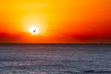 Beautiful sunrise over the ocean. South Korea at the sunrise of the East Sea sea.