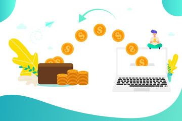 Naklejka premium Man works online, concept of earning money online, vector illustration of wallet with coins and cards for web, ui, landing page, flyer, poster, banner.