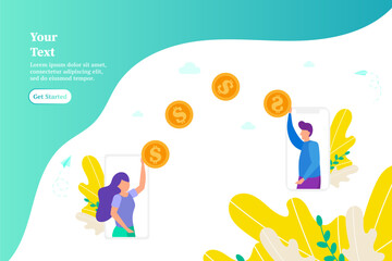 Money transfer between two smartphones, concept of online payments using phone, vector illustration for web, ui, landing page, flyer, poster, banner.