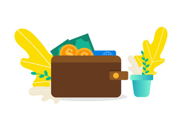 Wallet with money, coins, cards, Girl gives money, pays for work, concept of donations, giving money, vector illustration for web, ui, landing page, flyer, poster, banner.