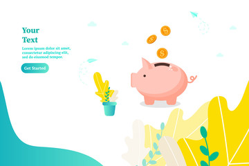 Piggybank with falling gold coins, man holding a coin, concept of saving money and profit, vector illustration for web, ui, landing page, flyer, poster, banner.