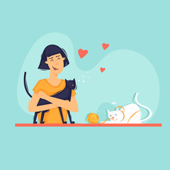 Woman and cats play with a ball of thread. Pets. Flat design vector illustration