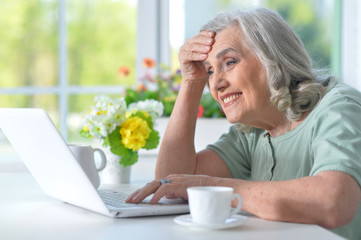Close up portrait of beautiful senior woman using laptop
