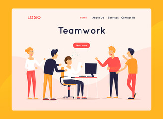 Landing page. Website Template. Teamwork, about us. Business workflow management. Office life, business, programmer. Data analysis. Brainstorming, meeting.  Flat design vector illustration