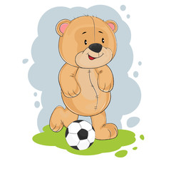 Obraz na płótnie Canvas Cute funny bear playing soccer. Greeting card.