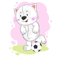 Cute funny cat playing soccer. Greeting card.