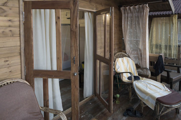 Terrace area of a beach front sea-view hut at agonda beach in Goa