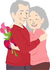 Senior Couple Valentines Hug Flowers Chocolates