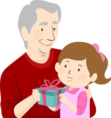 Senior Man Kid Girl Give Gift Illustration