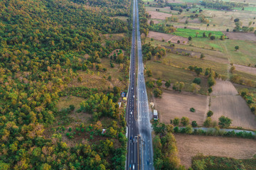Rural rod through green forest evening time