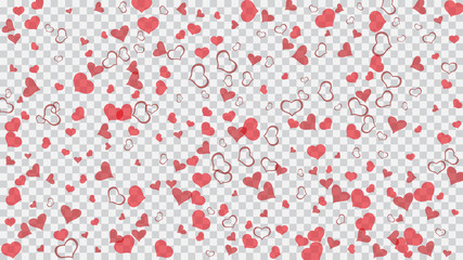 Red hearts of confetti crumbled. Design element for wallpaper, textiles, packaging, printing, holiday invitation for wedding. Red on Transparent background Vector. Light background.
