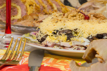 New Year's table made by delicious food.