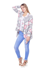Fototapeta premium Portrait of beautiful woman in blue jeans posing isolate