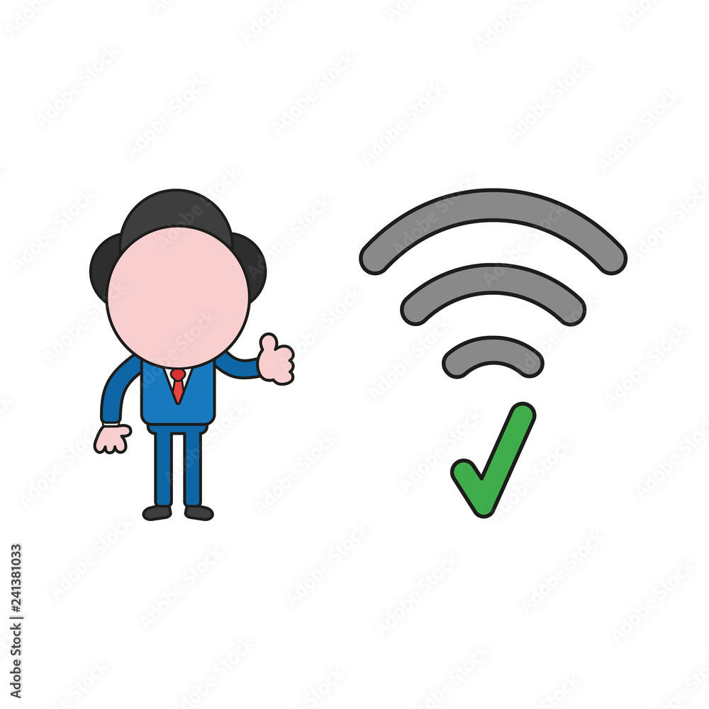 Poster vector illustration of businessman character with wireless wifi symbol with check mark and giving th