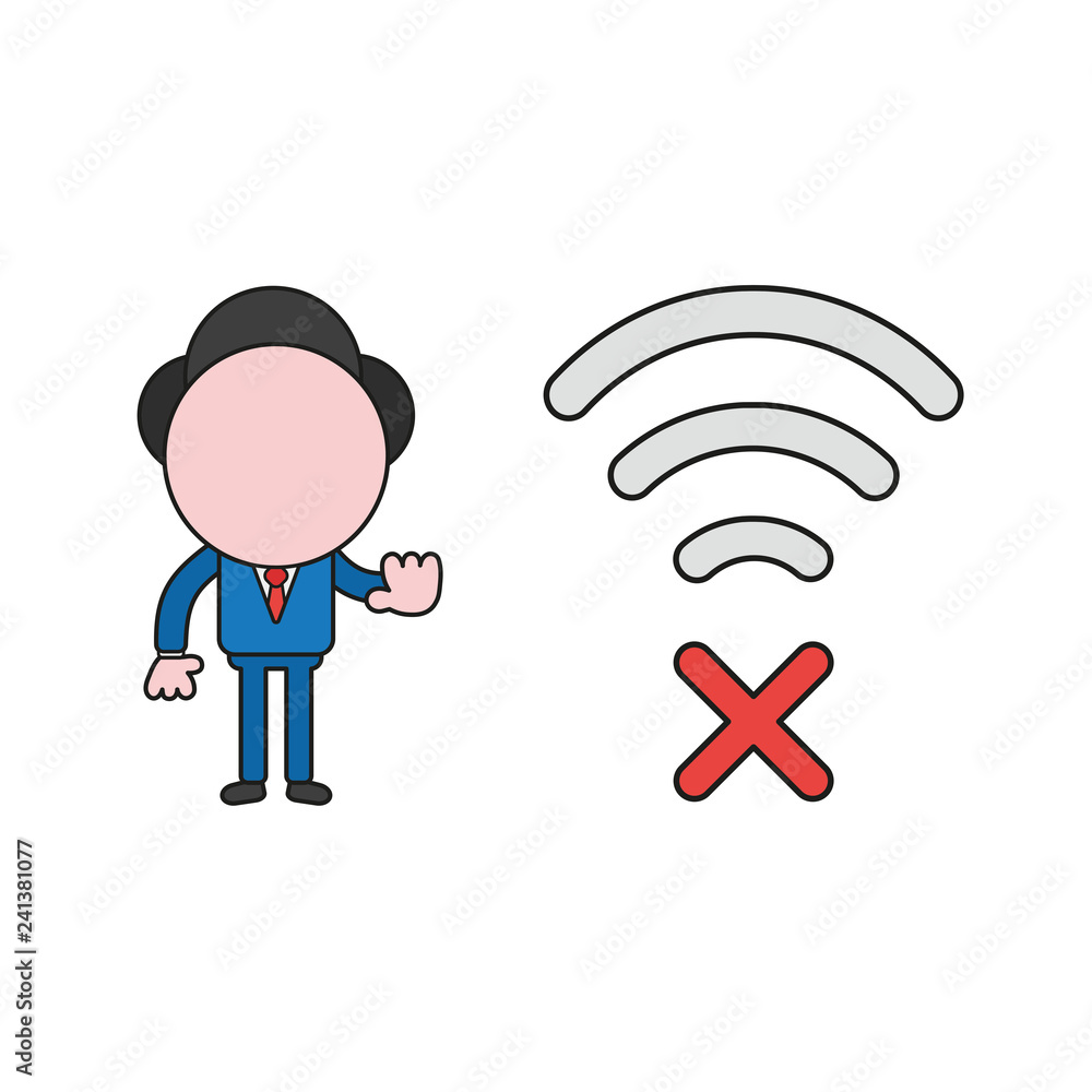 Aufkleber vector illustration of businessman character with wireless wifi symbol with x mark and showing hand 
