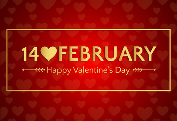 14 february, Happy Valentine's day banner or greeting card, holiday vector illustration on a red background with hearts
