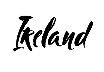 Ireland hand drawn ink brush lettering. Name of country. Modern brush calligraphy. Isolated on white background.