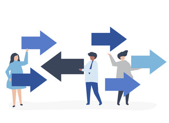 People carrying arrows in the opposite directions