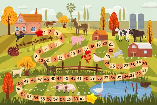 Farm animals board game, cow, bull, sheep, rooster, chicken, dog, cat, ram, goat, horse, duck, goose, turkey, farm buildings, rural landscape, breeding, vector, illustration, isolated, cartoon style
