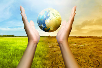 Human hands holding a globe