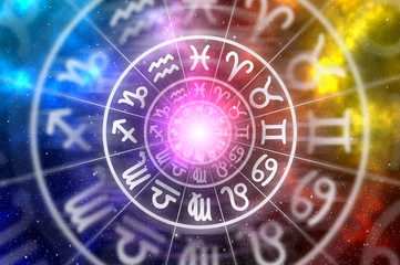 Zodiac signs inside of horoscope circle on universe background